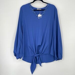 2/30$‎ LonoLaKa Womens Blue V-Neck Lace Trim Tie-Front Bishop Sleeve Blouse Med